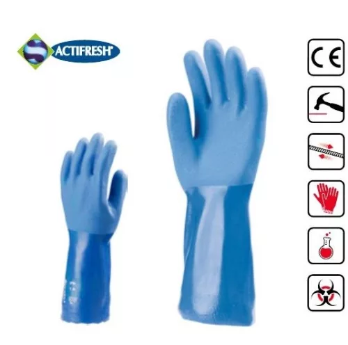 Eurotechnique 3769, kék PVC-bevonatú védőkesztyű, savakkal, lúgokkal és olajokkal szemben ellenálló