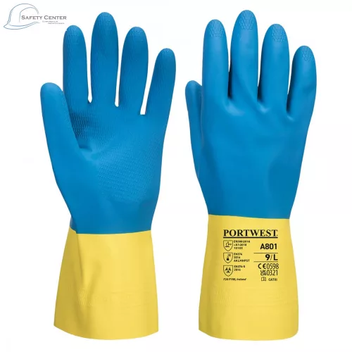  Portwest A801 kettős bevonatú latex kesztyű, sárga/kék